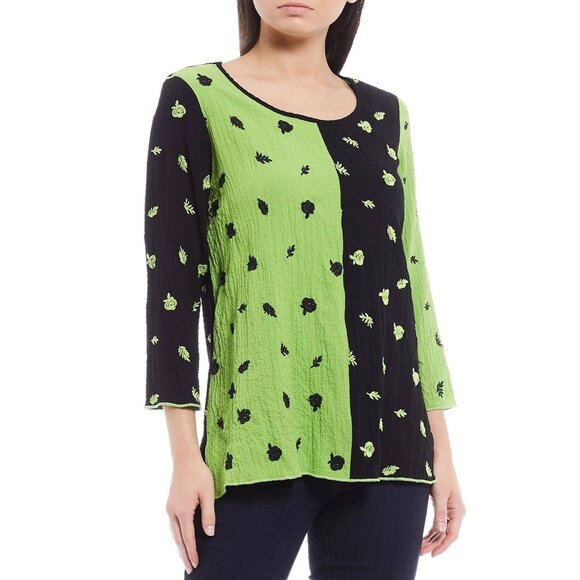 Ali Miles Tunic Top Large Green Floral Embroidered Long Sleeve Colorblock - Picture 1 of 11